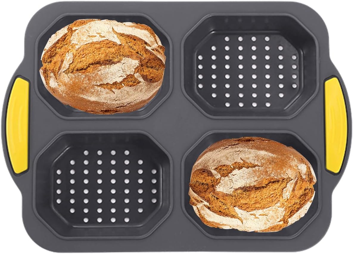 Loaf Pan with Four Small Buns, French Bread Loaf Pan, Bread Pan Non-stick Pan, Easy to Release Household Silicone Food Baking Breakfast Afternoon Tea Romantic Dinner Tool