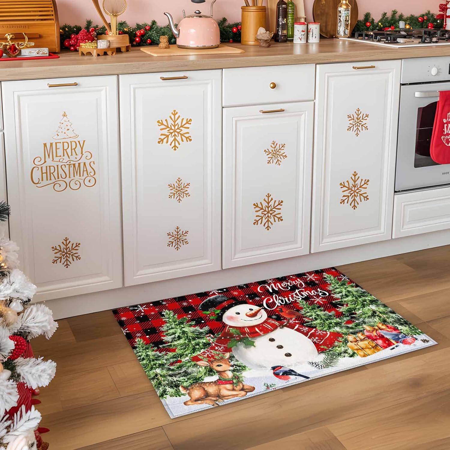 Christmas Snowman Doormat 16 x 24 Inch Snowflake Christmas Tree Welcome Entryway Rugs Cartoon Snowman Front Door Mat Black Red Buffalo Plaid Absorbent Non-Slip Floor Mats for Kitchen Bedroom Bathroom