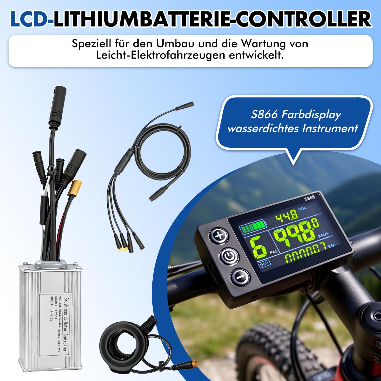 E-Bike Brushless Motor Controller Kit, 24V 36V 48V 250W 17A 3 Modus Sinuswellen Motor Controller S866 Farb LCD Display 130X Daumengas Kit für Elektrofahrrad Elektroroller
