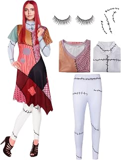 Women Short Sleeve Dress and Tights with Scar Sticker for Halloween Horror Set