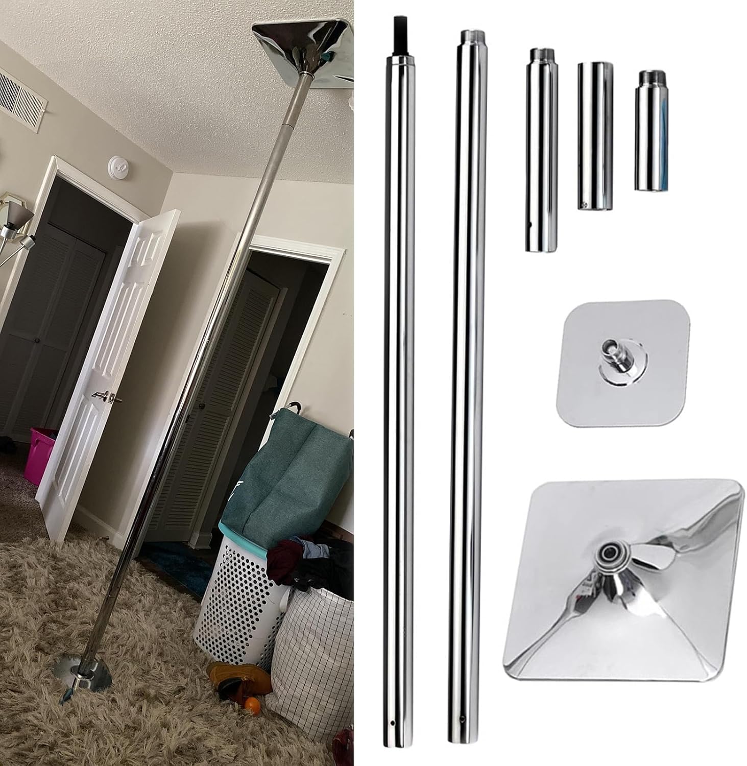 Household Stripper Pole Rotating Dance Pole, Spinning Static Dancing Pole for Home Apartment Bedroom Carpet Hardwood Floor, 2.2m-3.8m Adjustable Height Stainles，Silver 320cm 335CM 11ft