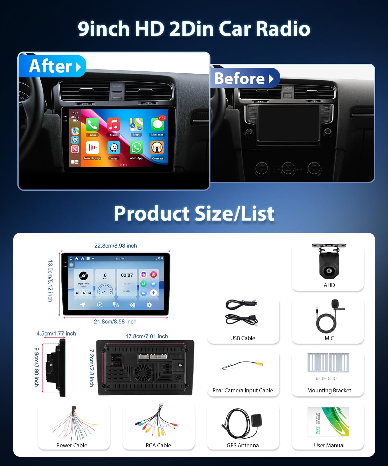 [4GB RAM + 128GB ROM] Motorsi CarPlay 2 Din Autoradio con GPS, 9" Android Auto Doppio Din Stereo Auto Bluetooth con Schermo, Assistente Vocale WiFi SWC FM/RDS Radio EQ MirrorLink + Telecamera