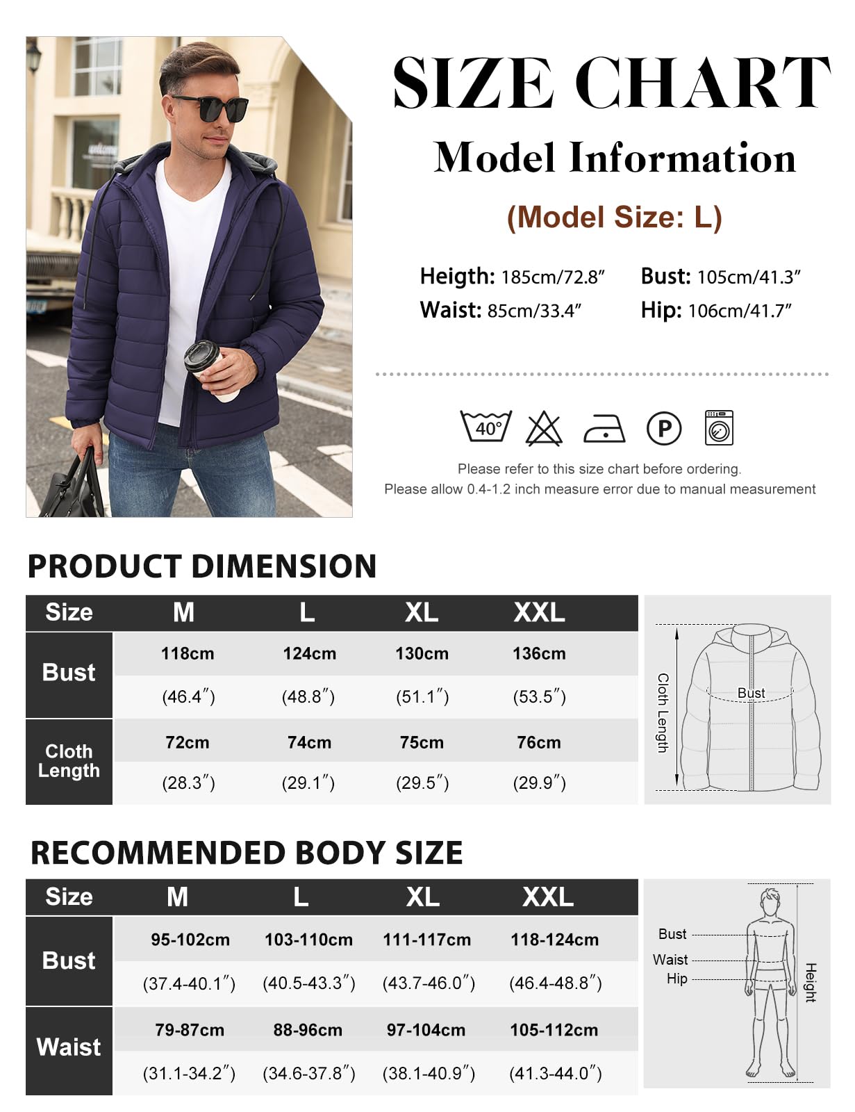 Xnova Blouson Homme Imperméable Veste Matelassée Coupe Vent Automne Hiver Doudoune Capuche Détachable