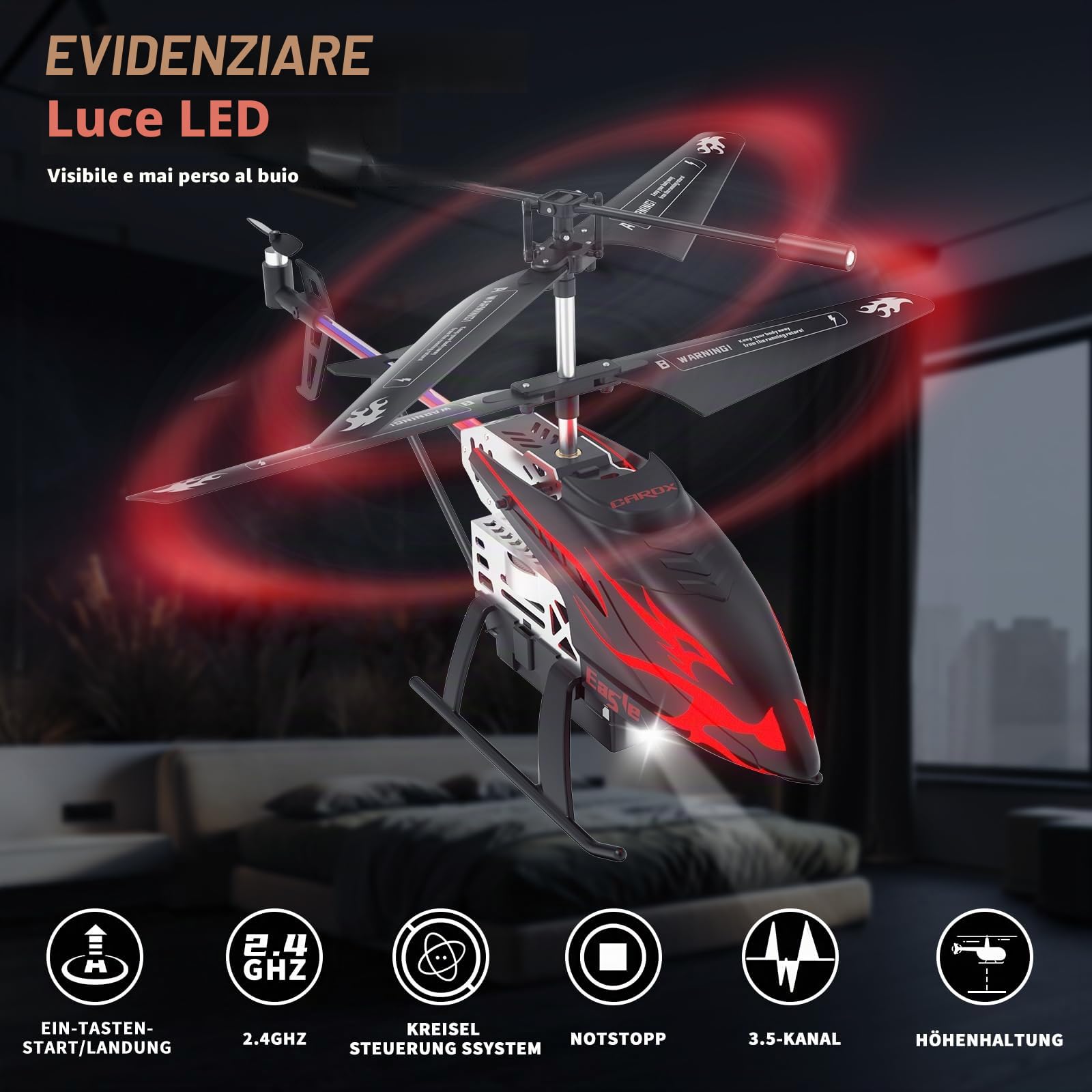Carox Elicottero telecomandato,2.4 GHz 7 Colori Aereo Telecomandato con Luce LED,Elicottero RC per Ragazzi e Ragazze Bambini