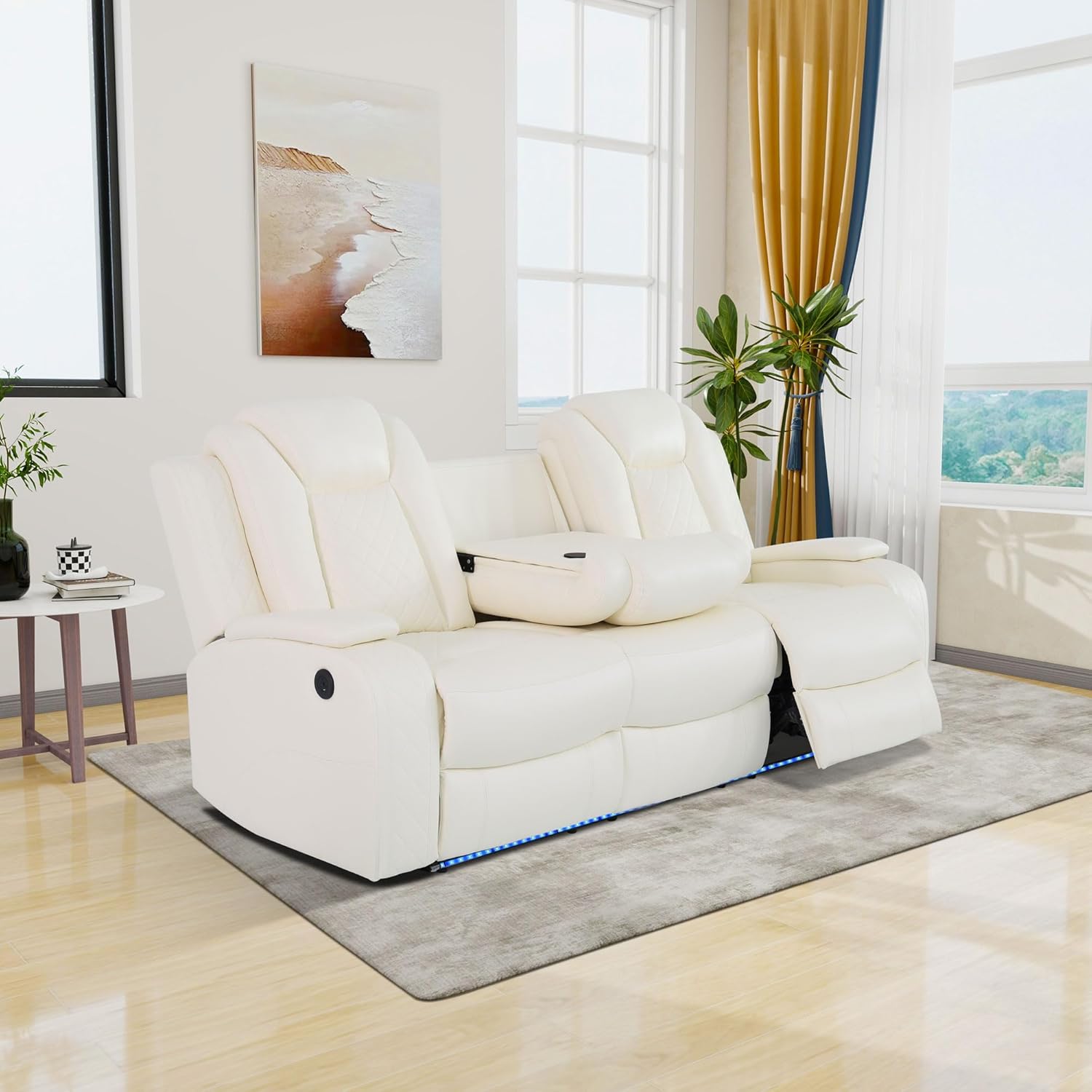 Breathing Leather Power Recliner Sofa Set, 2 Piece Leather Couch and Loveseat Set, Living Room Furniture Set with Storage Console/LED Lighting (Creamy White, Sofa+Loveseat)