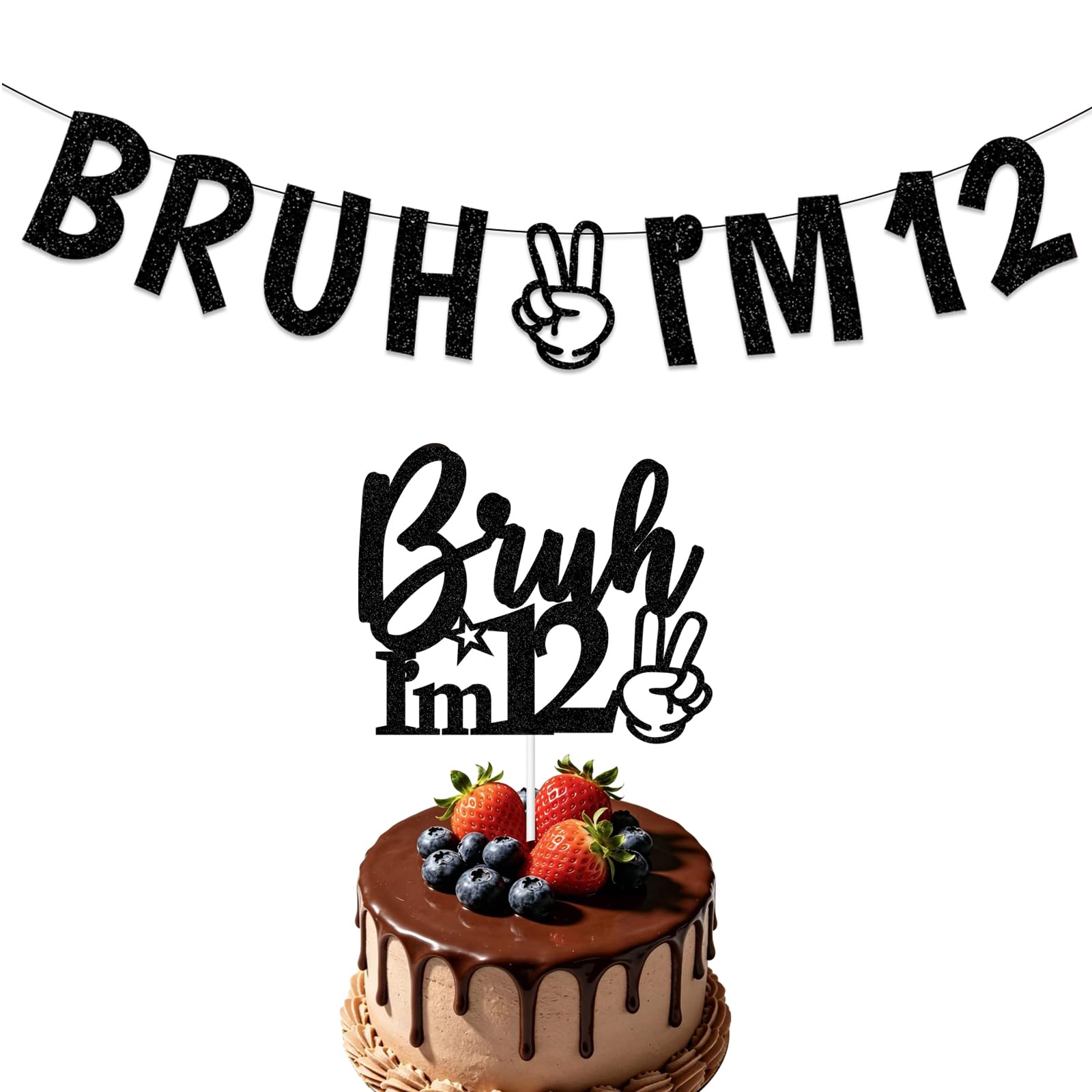 12th Birthday Banners Bruh I'M 12 Banner Cake Topper Pre-teen Boys Girls Funny Birthday Party Decorations Happy 12th Bunting Glittery For Age 12 Years Theme Party Decoration Supplies Black