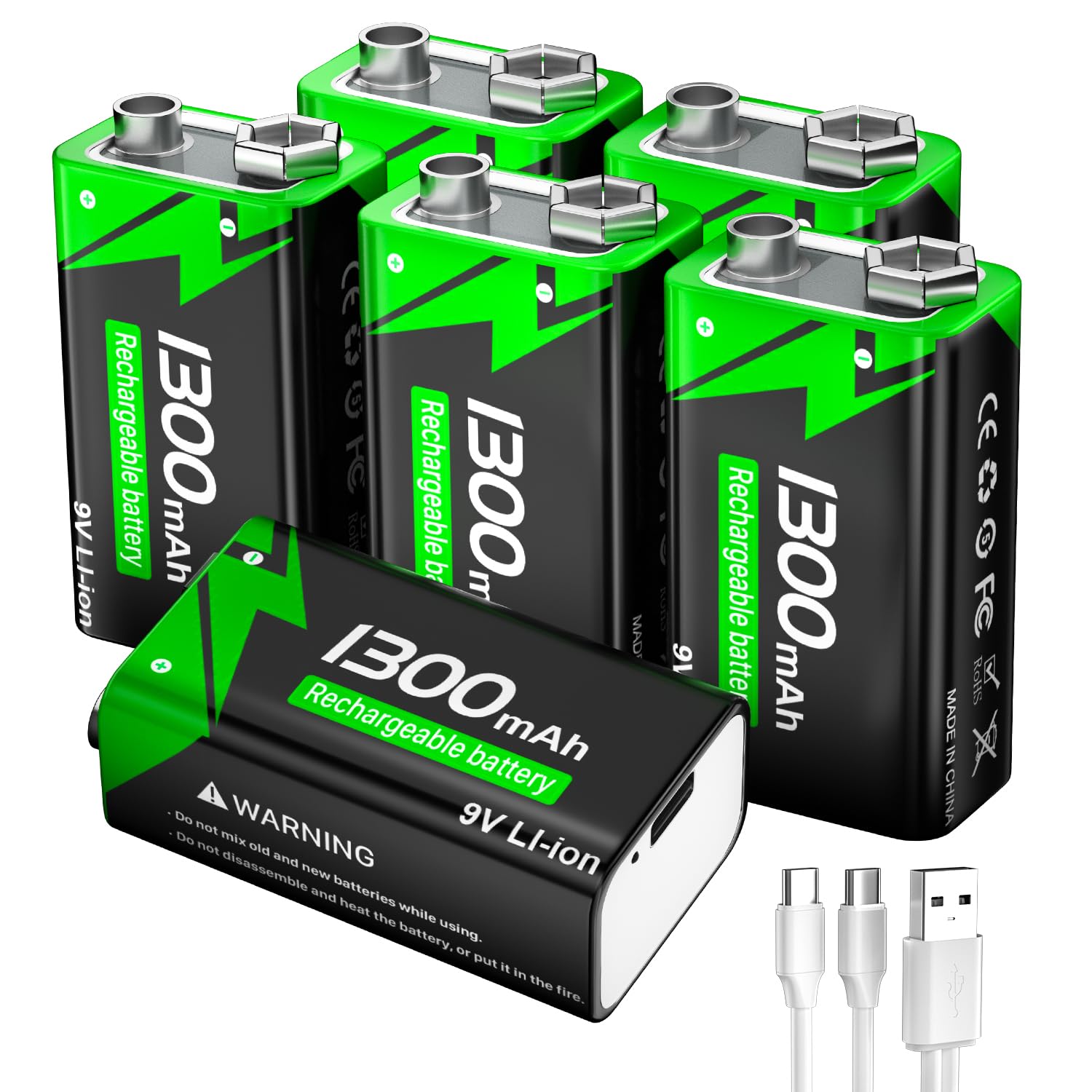 Batería recargable de 9 V, 1300 mAh de iones de litio con cable de carga rápida USB-C, ideal para detectores de humo, alarmas, micrófono, multímetro, etc. (6 unidades)