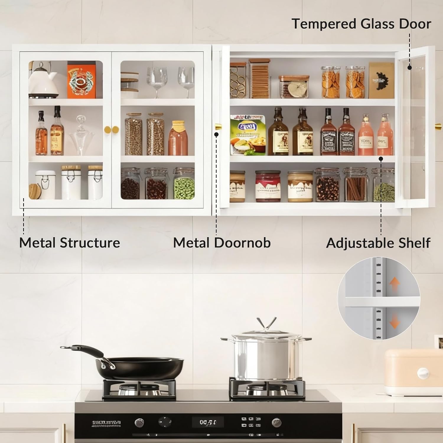 Bathroom Wall Cabinet with Glass Doors, Wall Mounted 3-Sided Glass Display Cabinet with Adjustable Shelves, Floating Metal Medicine Storage Cabinet for Kitchen Living Room - White