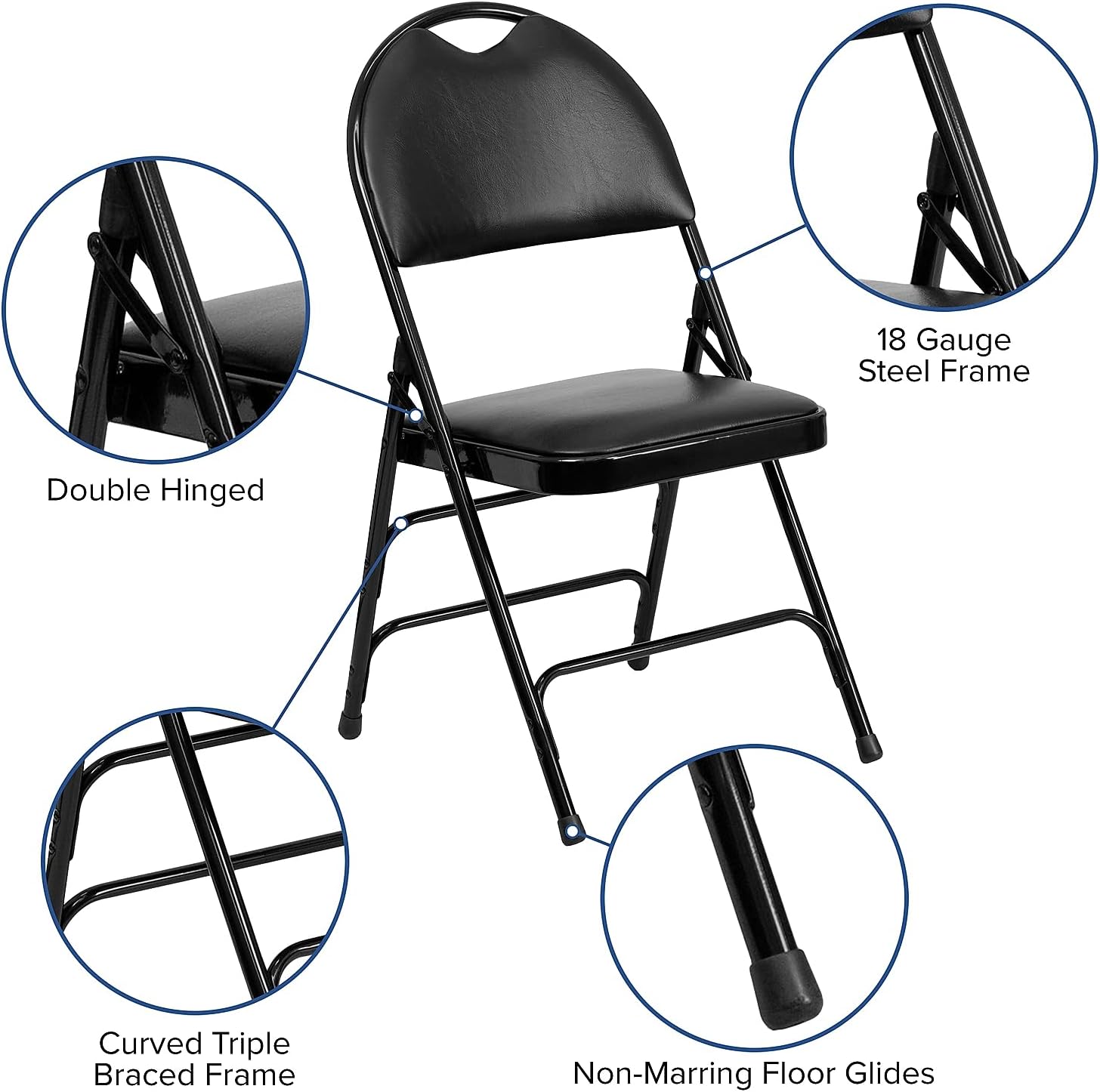 Flash Furniture HERCULES Series Ultra-Premium Triple Braced Black Vinyl Metal Folding Chair with Easy-Carry Handle