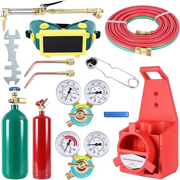 Oxygen Acetylene Torch Kit with Gas Tank, Professional Oxyacetylene Portable Brazing Welding Cutting Torch Set with Twin Hose Welding Pressure Gauge for DIY Metalwork Projects Red
