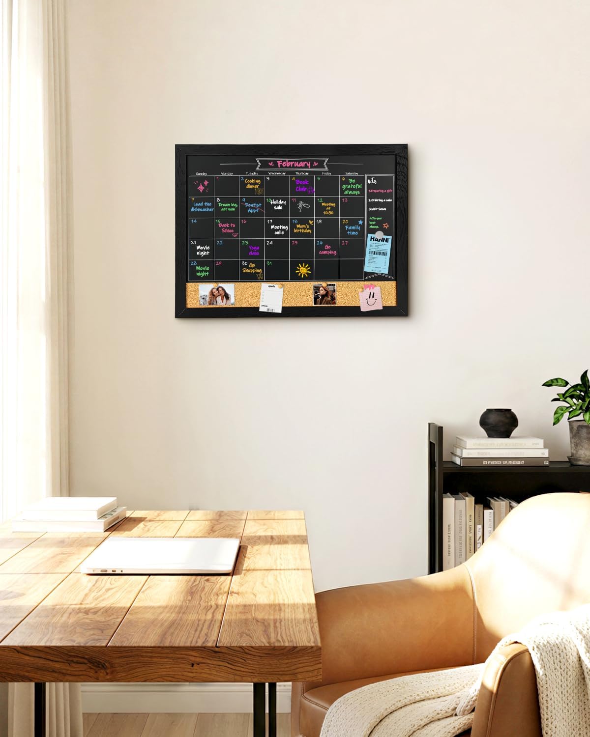 TORASO Magnetic Chalkboard Calendar Corkboard, Small Combination Chalk Board Bulletin Board, 13" x 17",Black Wood Framed Blackboard Calendar Cork Combo Board(ZHHB-BK-3343)