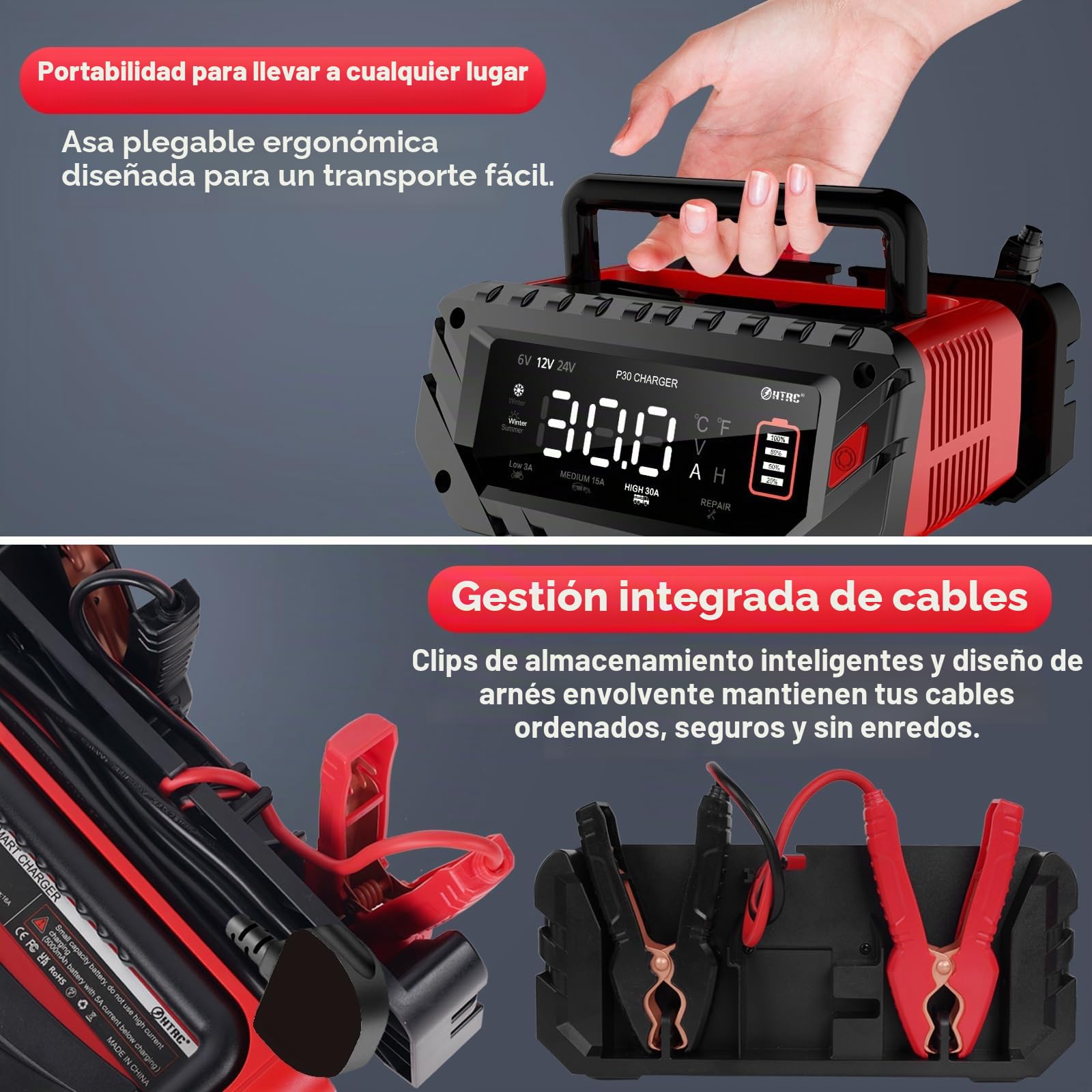 HTRC Cargador de batería de coche de 30 A, 6 V/12 V/24 V, mantenedor de batería, cargador de goteo y desulfatador de batería con pantalla LCD para barco, SUV, motocicleta, litio LiFePO4 y plomo-ácido
