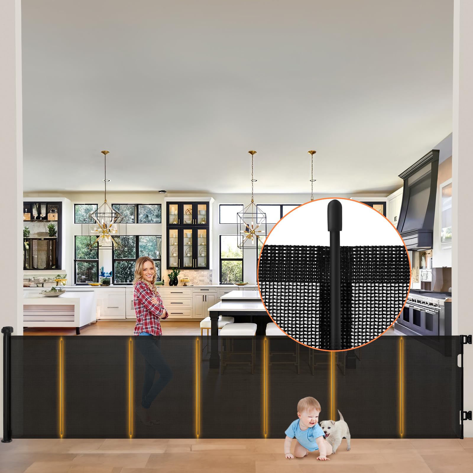 120 Inches Extra Wide Retractable Baby Gates, 35" Tall Baby Gates for Large Openings, Upgraded Retractable Gate with Fiberglass, Extra Large Pet Gates for Dogs, Indoor&Outdoor, Black