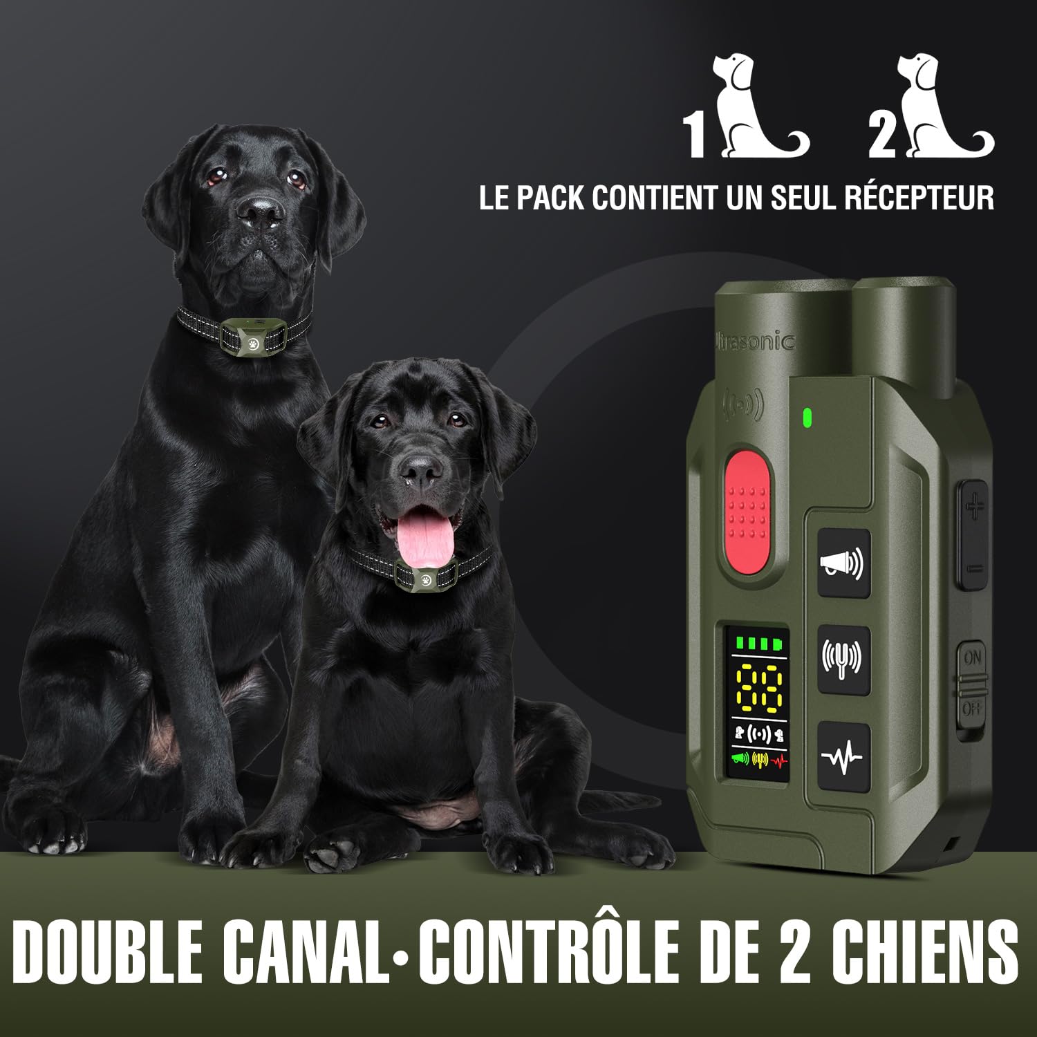 Collier de Dressage pour Chien 2 en 1 – Mode Ultrason Anti-Aboiement (Portée 5 m) & Télécommande 1000 m, Bip, Vibration & Choc Sécurisé, Étanche IP67 & Rechargeable, Vert
