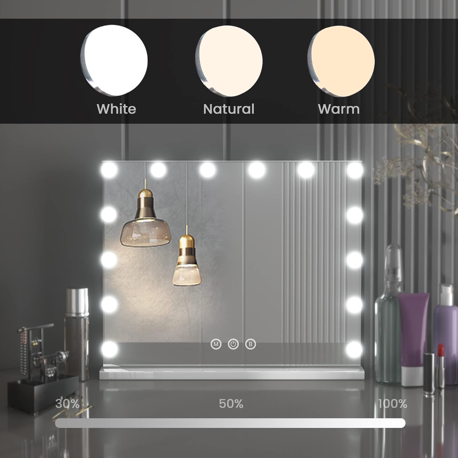 Makeup Mirror with Lights, Lighted Makeup Mirror, Hollywood Lighted Makeup Mirror with 14 Dimmable LED Bulbs for Dressing Room & Bedroom, Tabletop or Wall-Mounted, 19.6x16.5''
