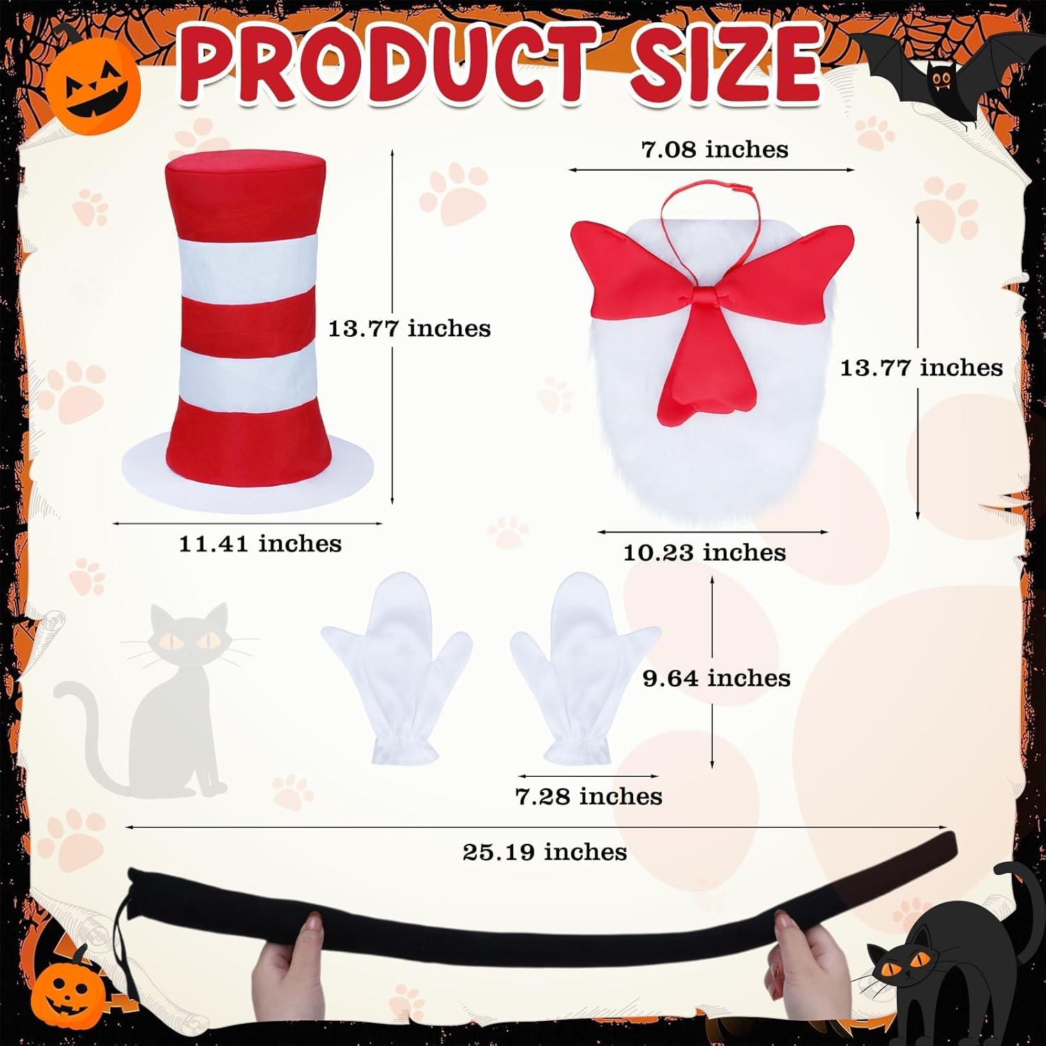 Mototo 1 Set Cat Hat in Costume Kit Red White Striped Top Hat with Furry Red Bow Tie White Gloves for Adult Scarecrow Cosplay Halloween Theme Party Book Character Day Dress Up - Image 2