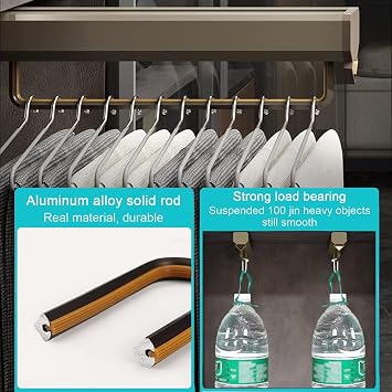Heavy Duty Extendable Pull Out Closet Rod,Sliding Wardrobe Closet Rod Hanging Rod,Adjustable Wardrobe Clothing Rail,Sliding Wardrobe Closet Organizer Rod,Top Mount Wardrobe Hanger Rack