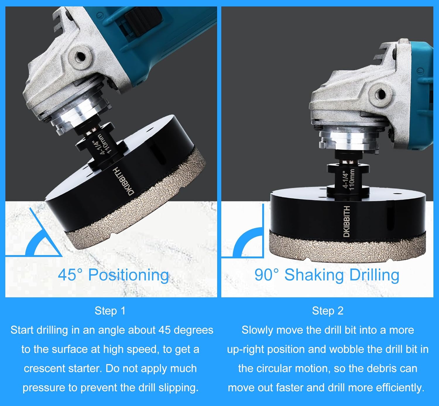 DKIBBITH 4-1/4 in Dry Diamond Core Drill Bit, Tile Hole Saw for Ceramic Porcelain Granite Quartz Marble Tiles Stone Brick Glass Block with 5/8-11 Thread Fit Angle Grinders, 110mm Black