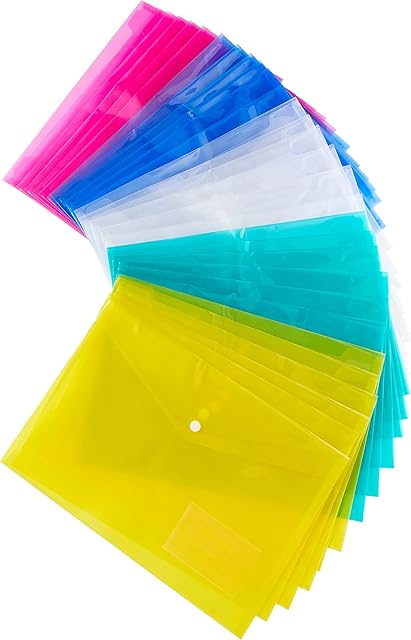 H&S 30pcs A4 Plastic Wallets Folder Foolscap Document Files Popper Wallet Envelope Folders Pockets Clear Green Red Blue Yellow