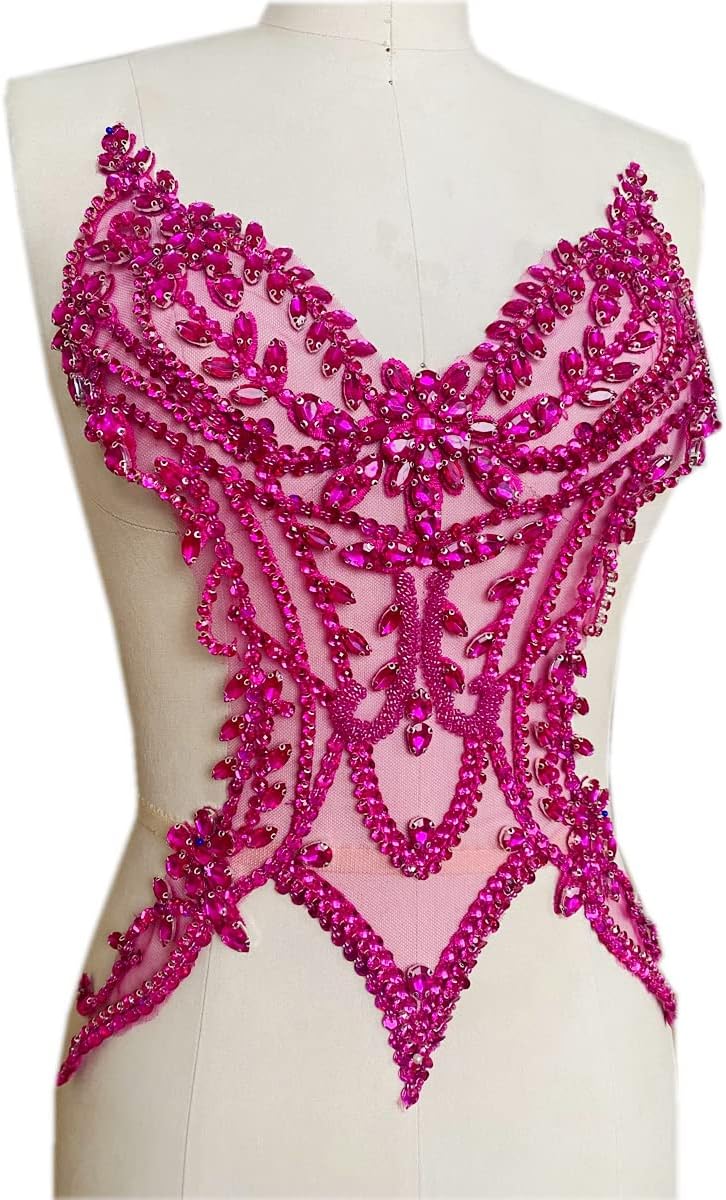 Handmade Rhinestones lace Applique sew on Beads Sequins Trim Patches Accessories for Girl Dress Clothing (Rose red)