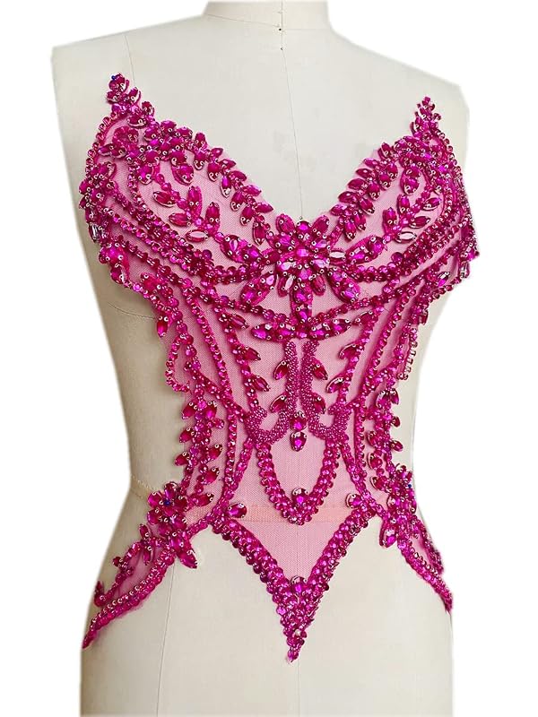 Handmade Rhinestones lace Applique sew on Beads Sequins Trim Patches Accessories for Girl Dress Clothing (Rose red) by Generic - Used condition - Image 4