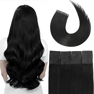 Tape in Brazilian Human Hair Extensions 100% Remy Human Hair Glue in Extensions Balayage Seamless Silky Straight Skin Weft Hair(16Inch #1B Natural Black 20pcs 30g)