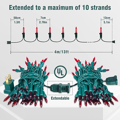 Miniatura 4 de hopolon Mini tira de luces rojas de Navidad, juego de 2 unidades, 50 unidades, 13 pies, bombillas incandescentes, mini tira de luces impermeables