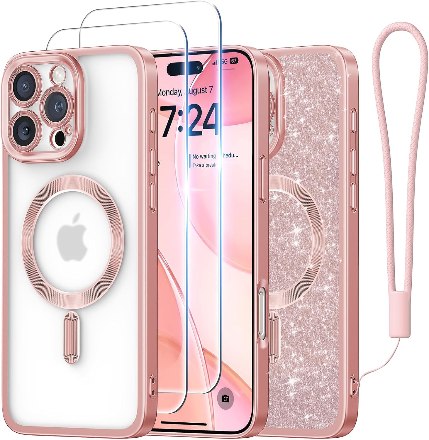Meifigno Frosted Case for iPhone 16 Pro Max 6.9", [Glitter Card & Wrist Strap] [MagSafe Compatible & Anti-Fingerprint ] [2X Screen Protectors] Fully Raised Lens Case Designed for 16 ProMax, Rose Gold