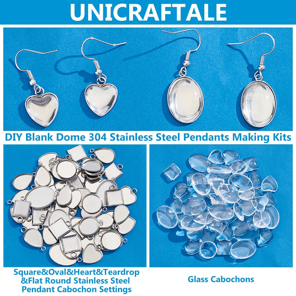 UNICRAFTALE 200 pezzi 5 stili cabochon ciondolo in acciaio inox con lunetta nuda ovale a forma di goccia a forma di cuore piatto quadrato base cabochon ciondolo per la creazione di gioielli, Metallo