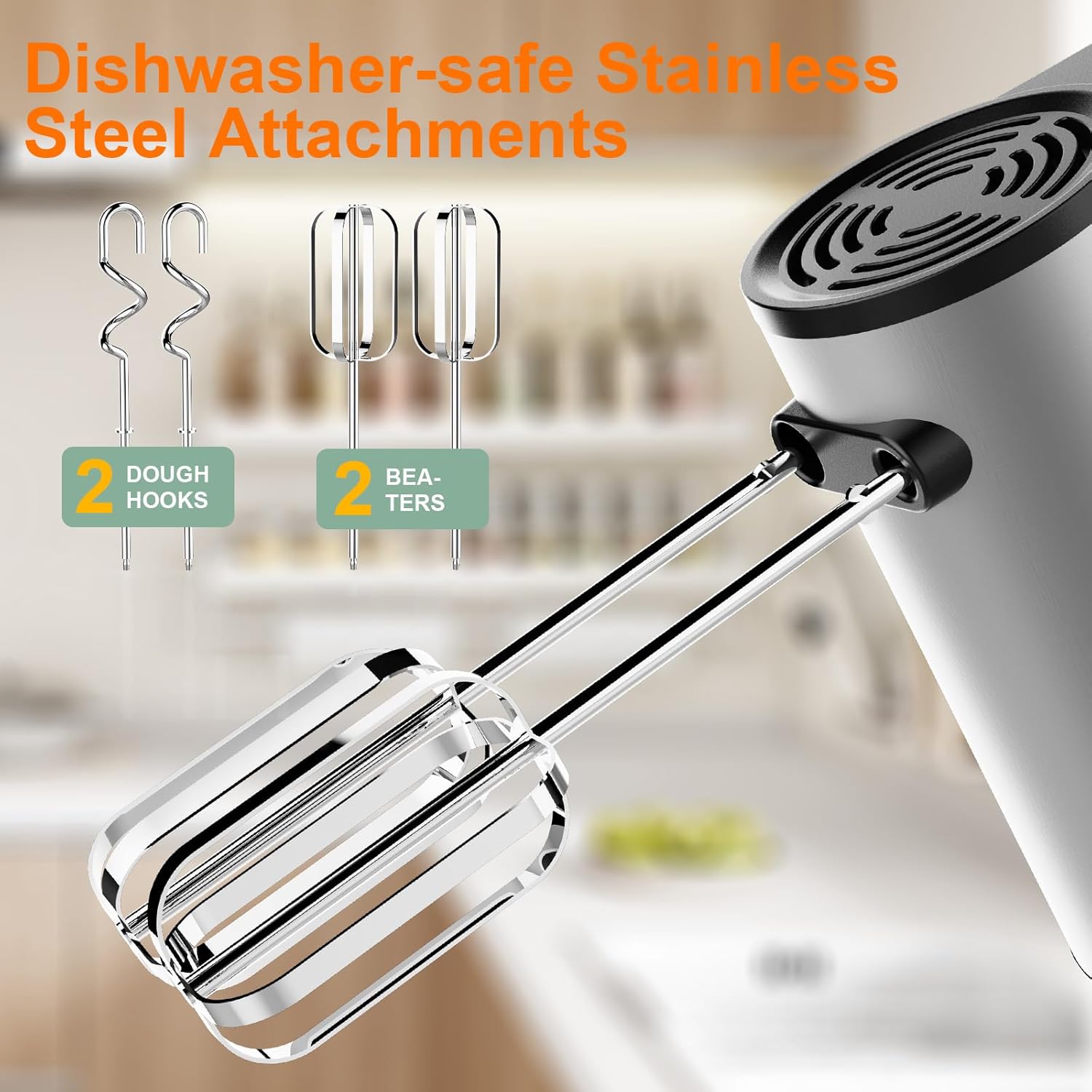 Electric Hand Mixer, Kitchen Handheld Mixer, Turbo Boost/Self-Control Speed + 5 Speed + Eject Button + Stainless Steel Hand Beaters*2 & Dough Hooks*2, Small Mixer for Cream/Cookies/Dough