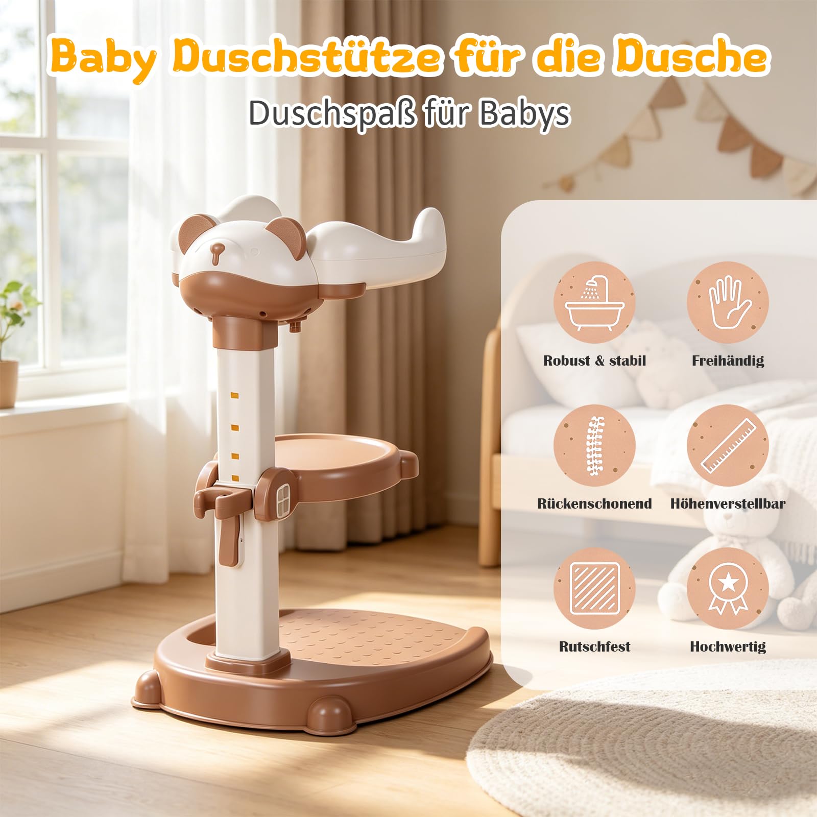 Baby Dusche Ständer Einstellbarer Baby Shower Stand Support mit AntiRutsch-Basis, Anehmbarem Sitz, Duschständer Kind, Anstelle eines Badewannensitzes baby zum Baden, Windelwechseln (Braun)