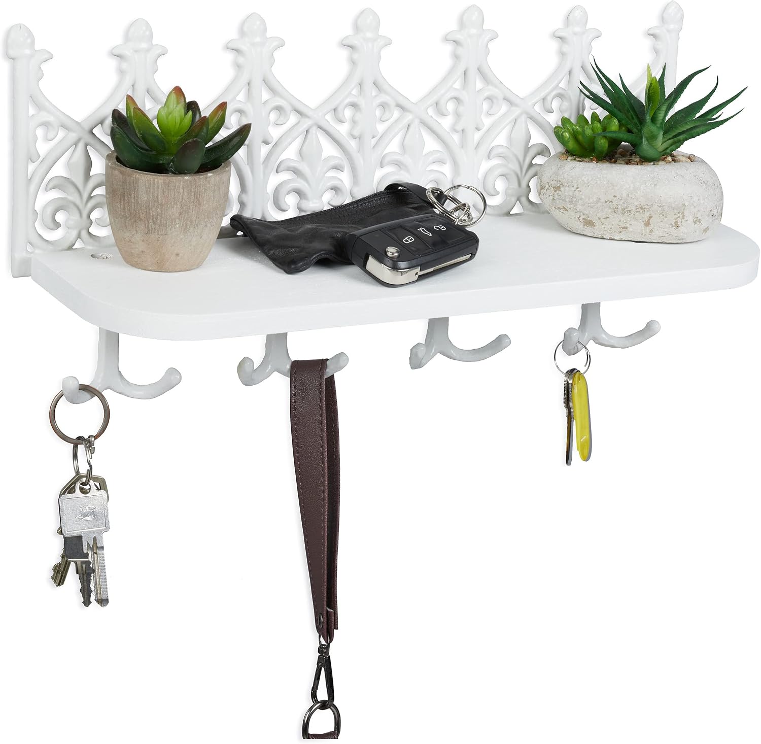 Relaxdays Key Board with Shelf, Wall Holder with 8 Hooks, Cast Iron, Vintage Hallway Decor, White, 100%, 19.5 x 39.5 x 12 cm