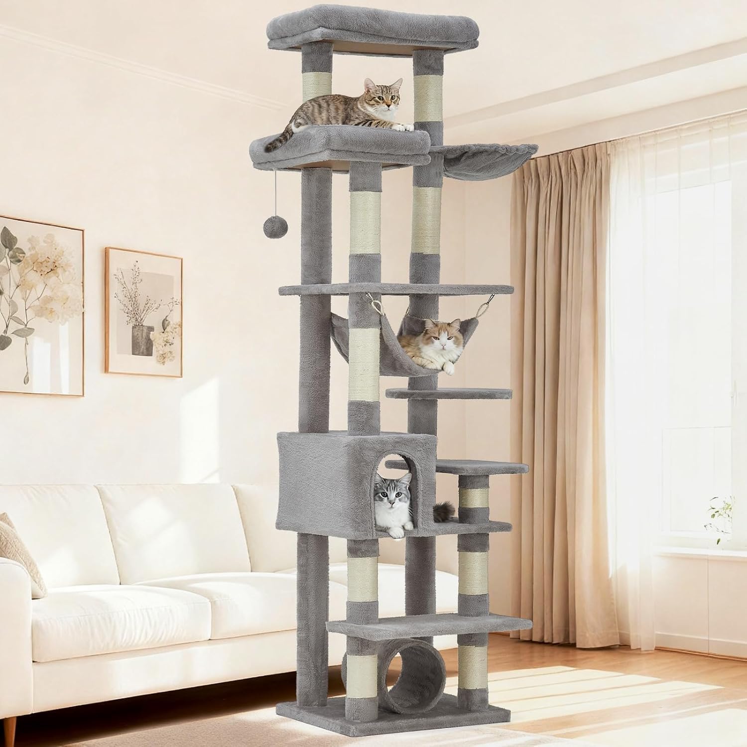 74 Inches Large Cat Tree, Multi-Level Tall Cat Tower Equipped with Spacious Condos, Soft Hammock, Cozy Basket, Scratching Posts, Sturdy Tall Cat Tree Cat Furniture for Large Cat and Pets, Light Gray