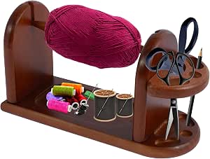 Wooden Yarn Holder Dispenser - Horizontal Spinner Stand For Knitting & Crochet, Holds Scissors & Hooks, Fits Up To 300g Yarn