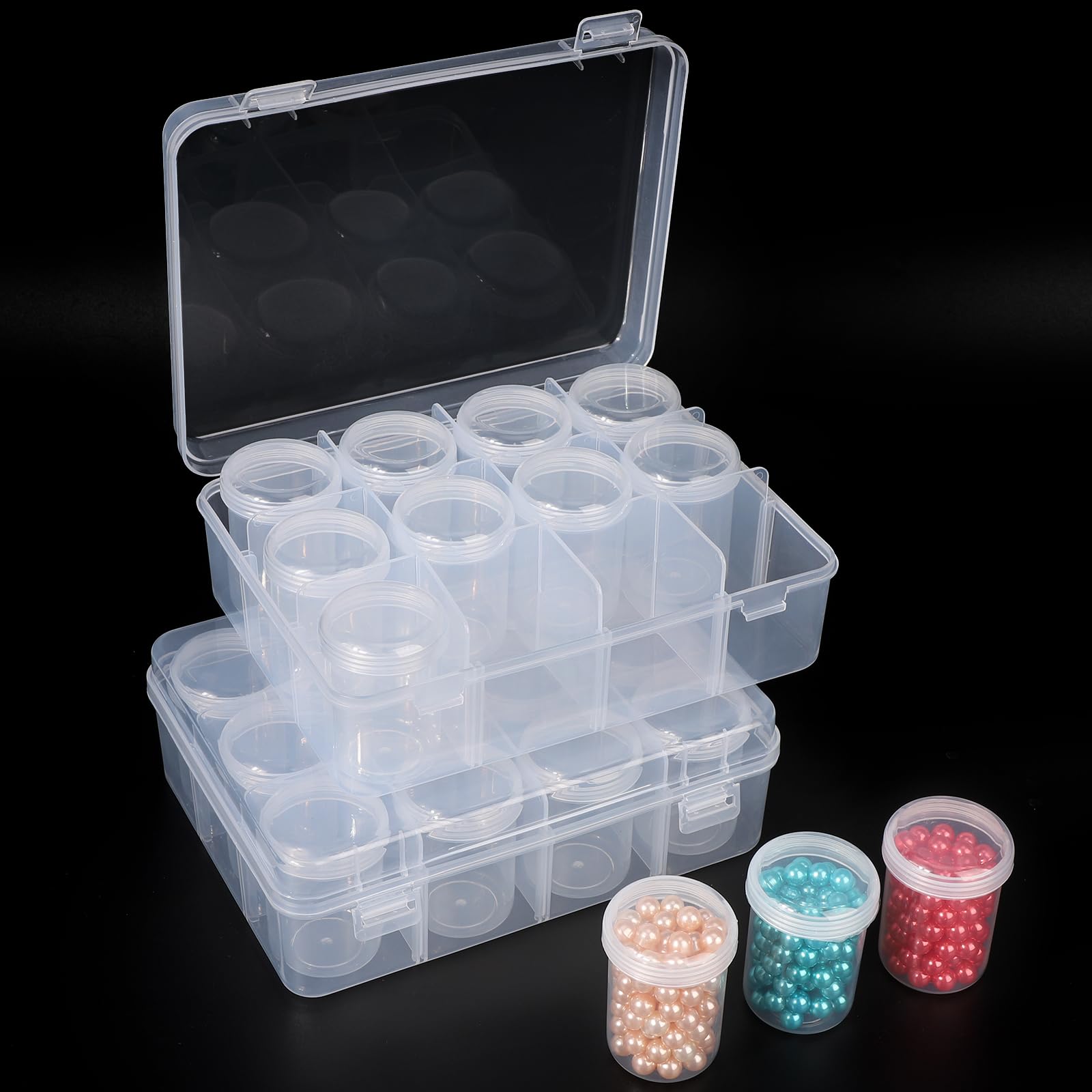 Segbeauty Scatola di pittura a diamante con 2 barattoli, scatola trasparente con 12 vasi, scatola di plastica, scomparti per riporre oggetti con divisorio rimovibile, per perline, ricamo, unghie