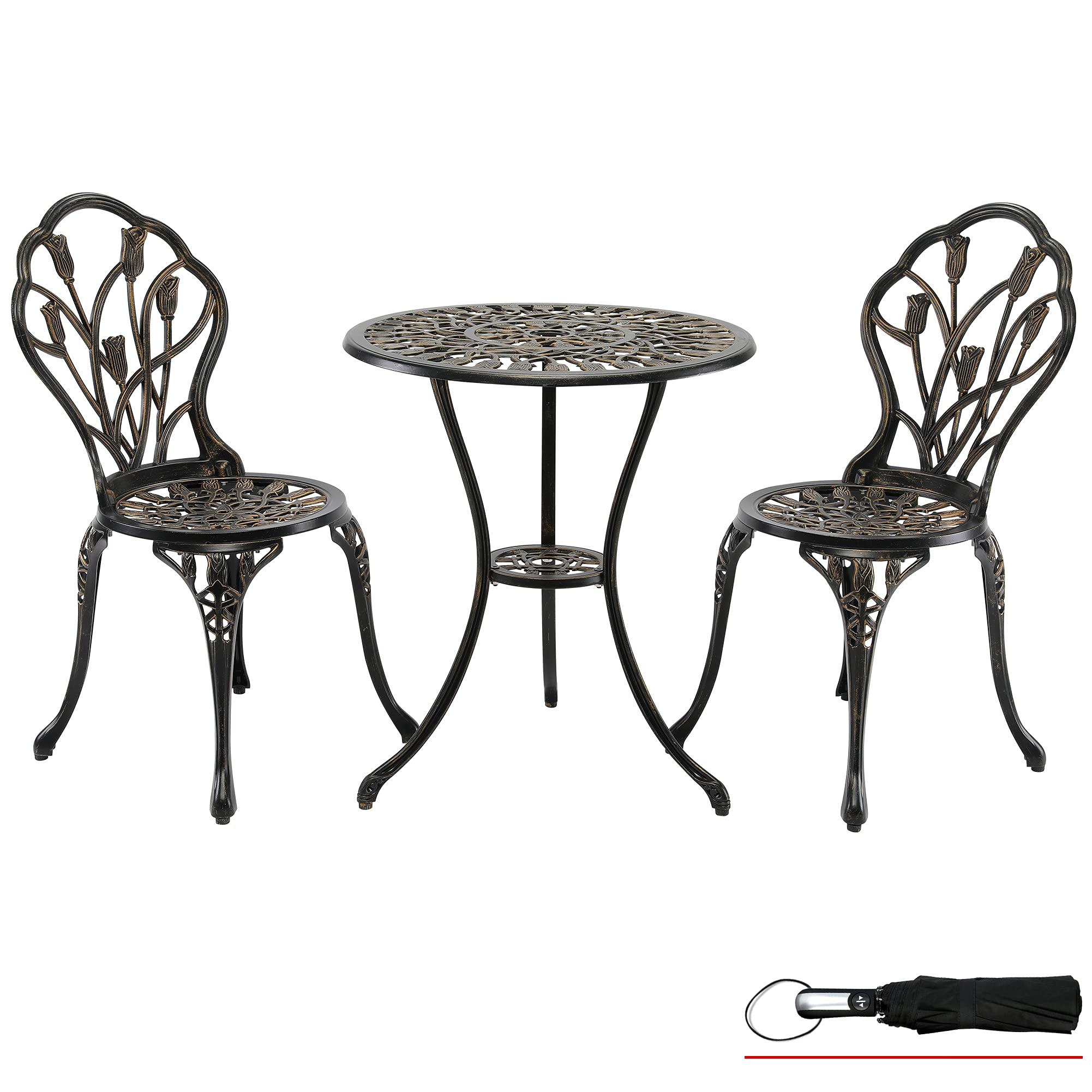 LZRS Bistro Table Set 3-Piece，Outdoor Patio Bistro Set Table and Chairs Furniture w/Rose Design with Umbrella Hole, Cast Aluminum Durable Rust Weather Resistance,Bonus Folding Umbrella, Copper