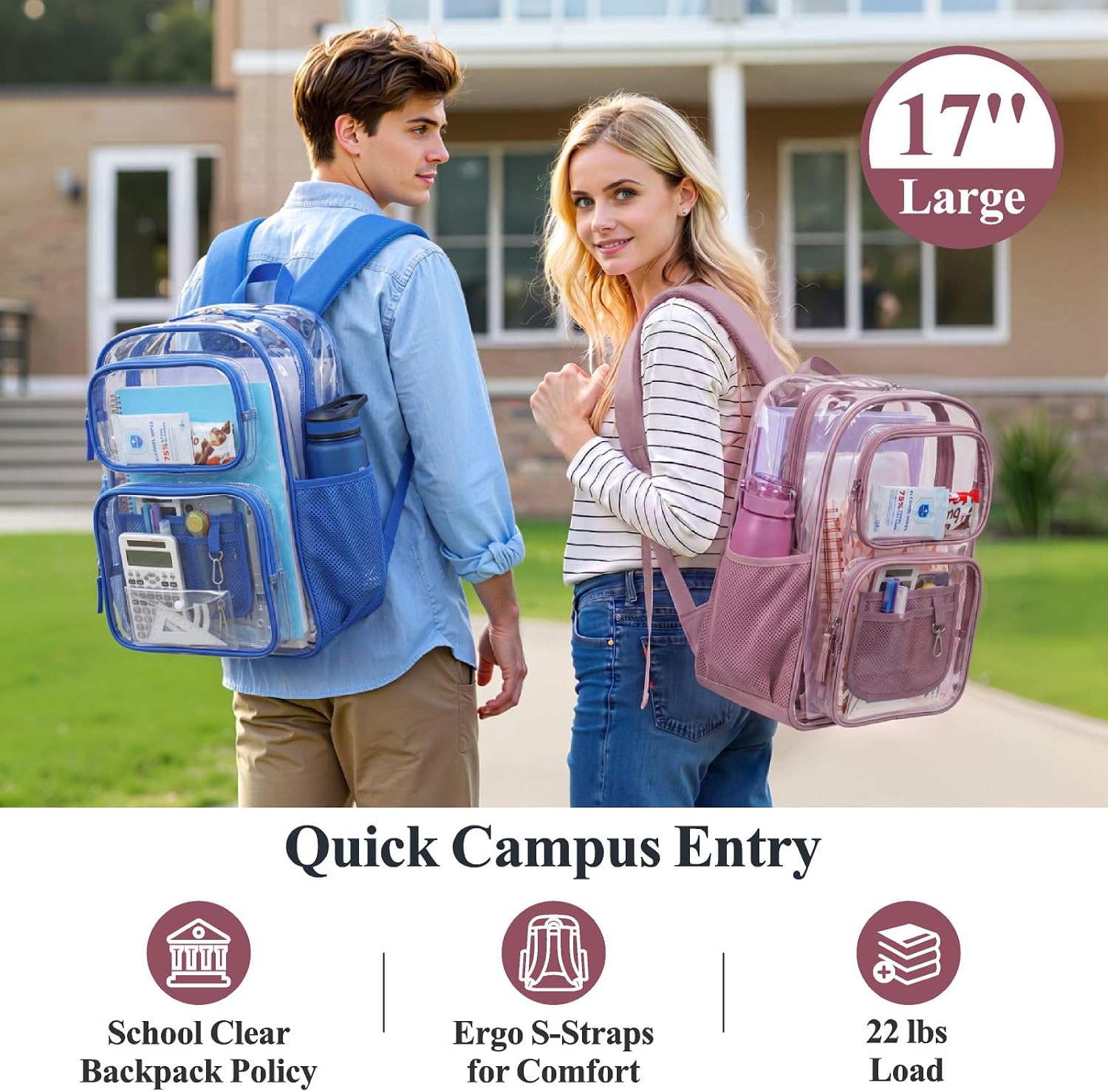 Clear Backpack for School - 17 inch Heavy Duty Clear Bookbag | 2 Front Pockets, Reinforced 900D Oxford Base, Padded Straps, 0.5mm Thick PVC, Fit 16"Laptop, Load 22 lbs. Age 12+ Students thumbnail