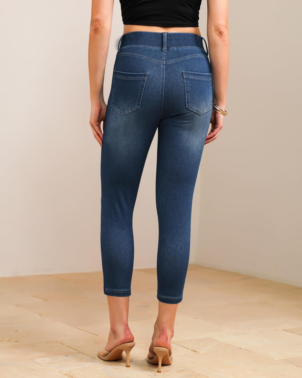 GRAPENT Capri Jeans for Women Skinny High Waisted Pull On Elastic Waist Knit Jeggings Comfy Stretchy Denim Capris Pants - Image 3