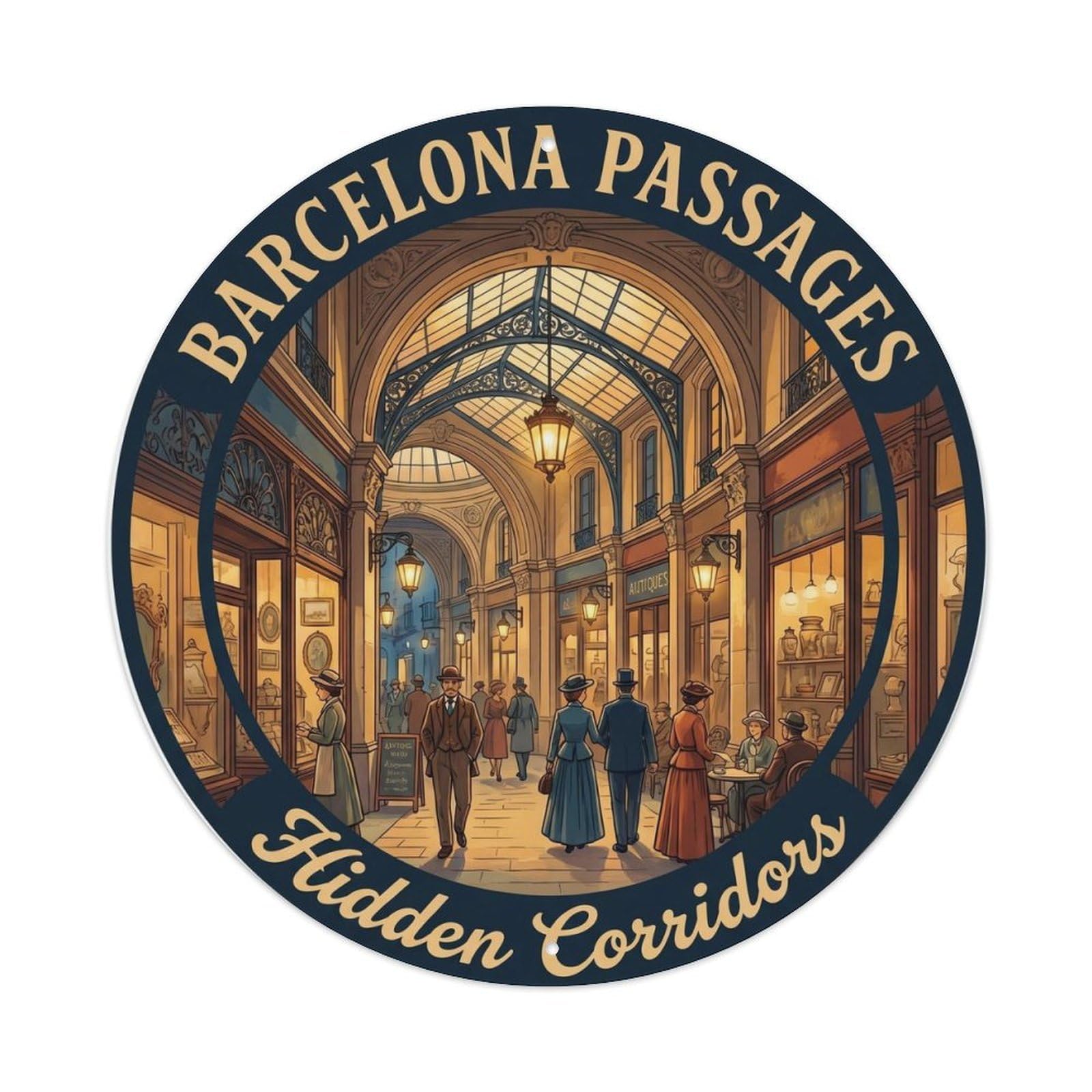 Retro Barcelona Catalan Passage Corridor Landmark Cityscape Metal Tin Sign Plaque Wall Decor for Cafe, Man Cave, Club Bar, Office, Home Garden Round Metal Poster 8x8Inch