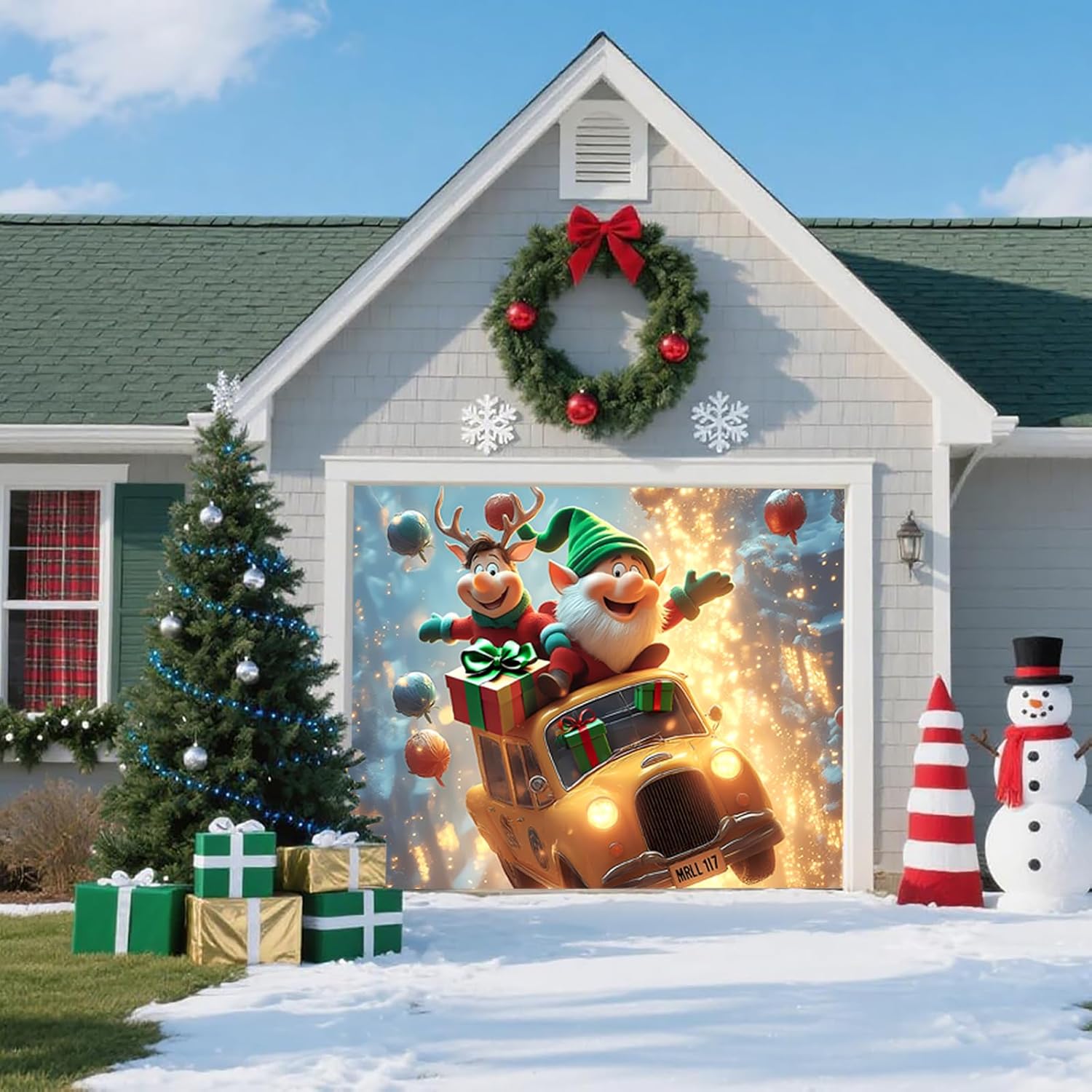 Christmas Garage Door Banner – Flying Elf & Reindeer in Festive Taxi with Gifts, UV Light-Responsive Yellow Glow, Large Outdoor Holiday Mural for Porch & Living Room,8 x 7ft/2.4 x 2.1m