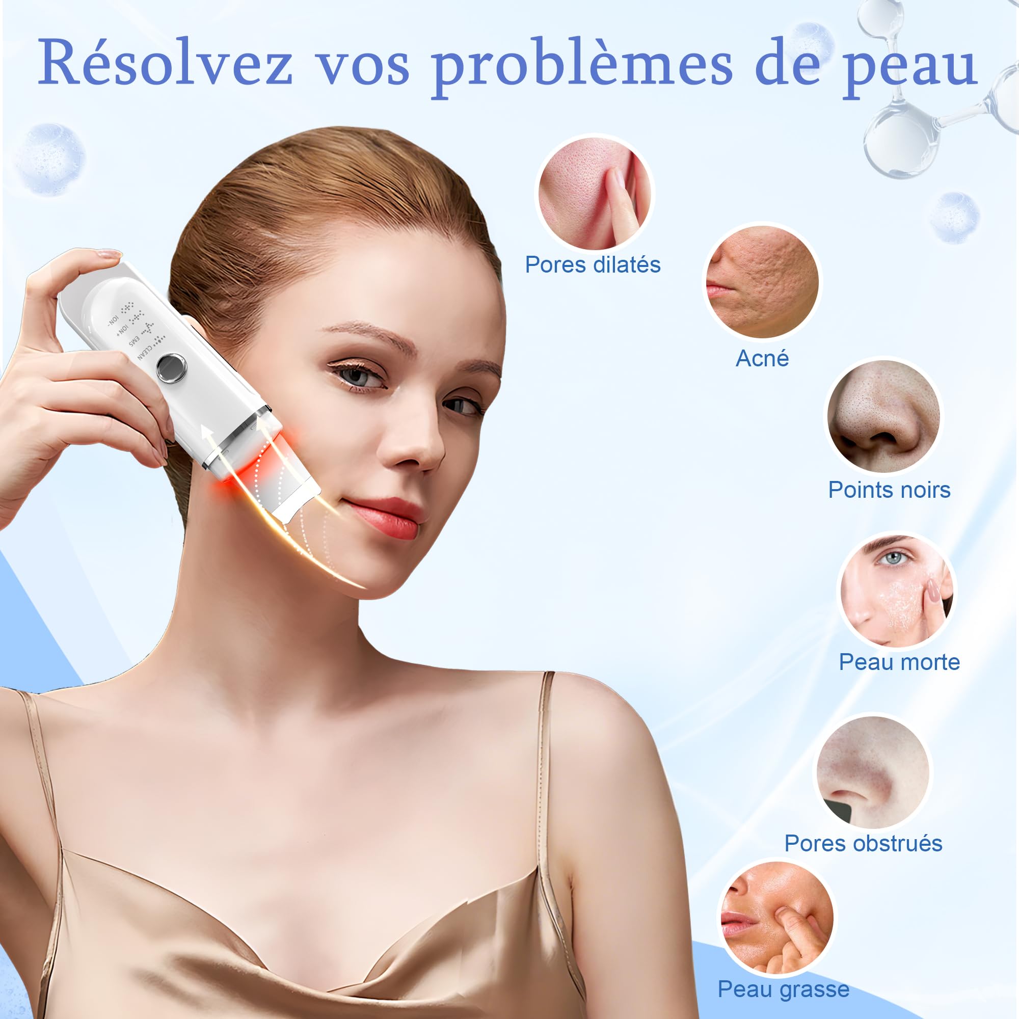 Épurateur de Peau à Ultrasons, Aspirateur Point Noir Du Visage avec 4 Modes et Lumière Bleue Rouge, Appareil de Nettoyage Exfoliant à Ultrasons, Dispositif de Nettoyage pour éliminer les Point
