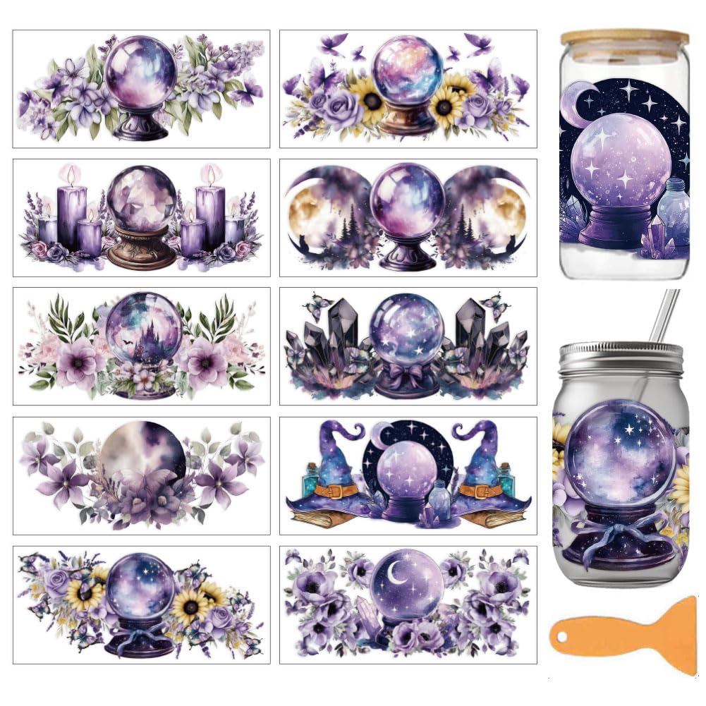 arricraft 10 Pcs Divination Theme PVC Cup Transfer Stickers, Magic Crystal Ball Pattern UV Waterproof Cup Sticker for 16 oz Glasses Window Home Printing Decoration 24x11cm — image 1