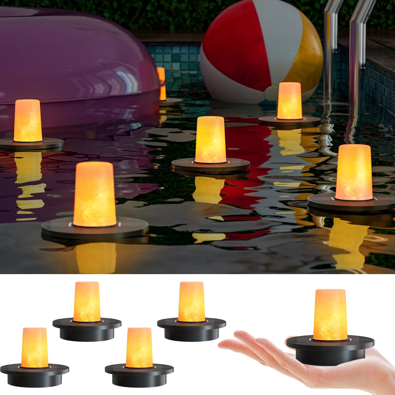 Luces solares flotantes para piscina, paquete de 5 lámparas solares con llamas flotantes, luz de té para estanque, fiesta, jardín, patio trasero, decoración al aire libre