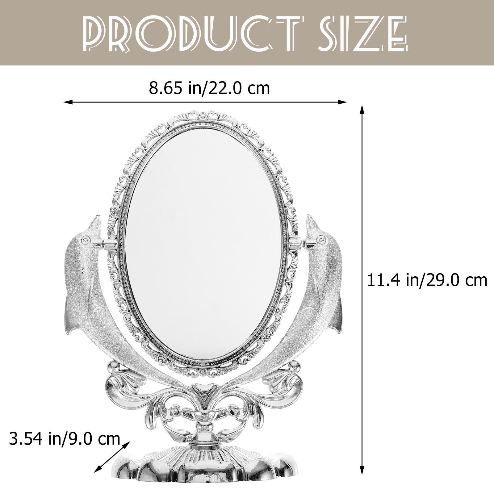 Doppelseitiger Kosmetikspiegel mit Drehbarem Standfuß aus Kunststoff und Glas Eleganter Silberner Tischspiegel mit Delfin Design für Schminken Am Schminktisch