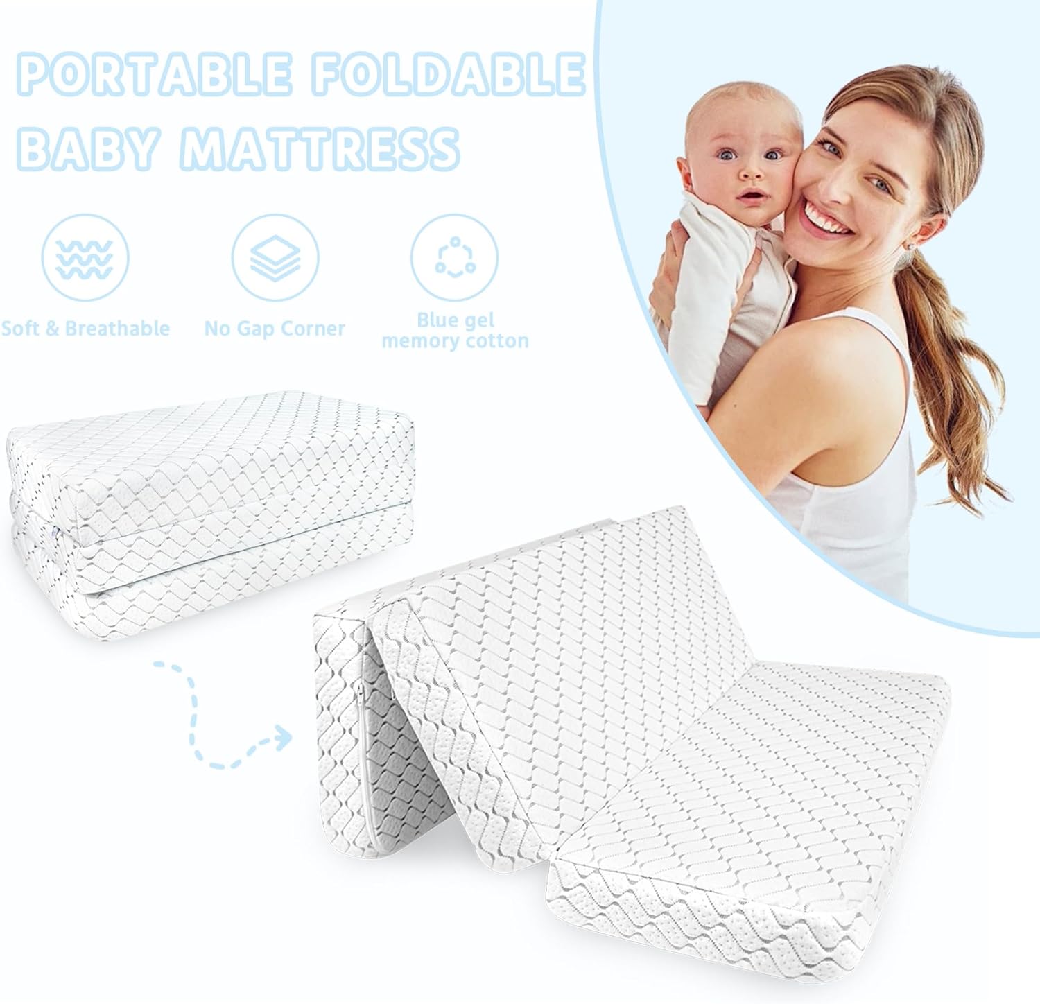 Pack and Play Mattress, Trifold 38"x26"x3" Memory Foam Dual-Sided Pack N Play Mattresses for Baby, Removable Washable Cover