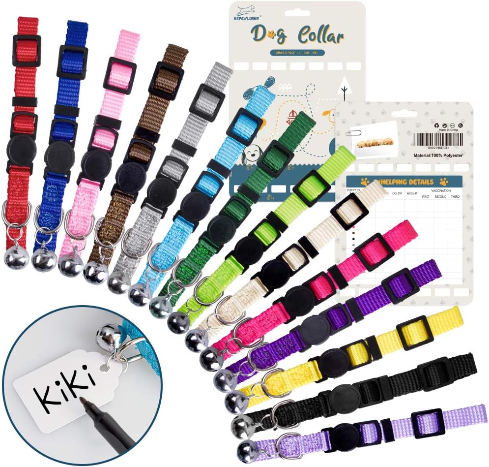 EXPAWLORER Puppy ID Collar - 14 Pack Writable Dog Name Tag with Colorful Adjustable Pet Whelping Collars with Bells, Identification…