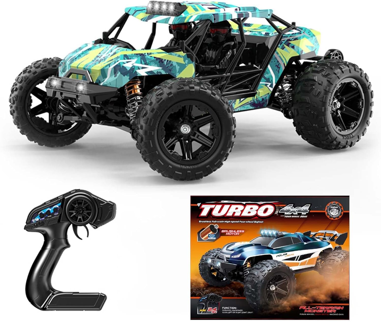 RC Car 1/14 Scale Brushless 4x4 Off-Road Truck, 30-45MPH High Speed RC Monster Truck with LED Lights, 2.4GHz Remote Control, Large Wheel Professional Racing Model for Adults & Teens (【1:14】B002)