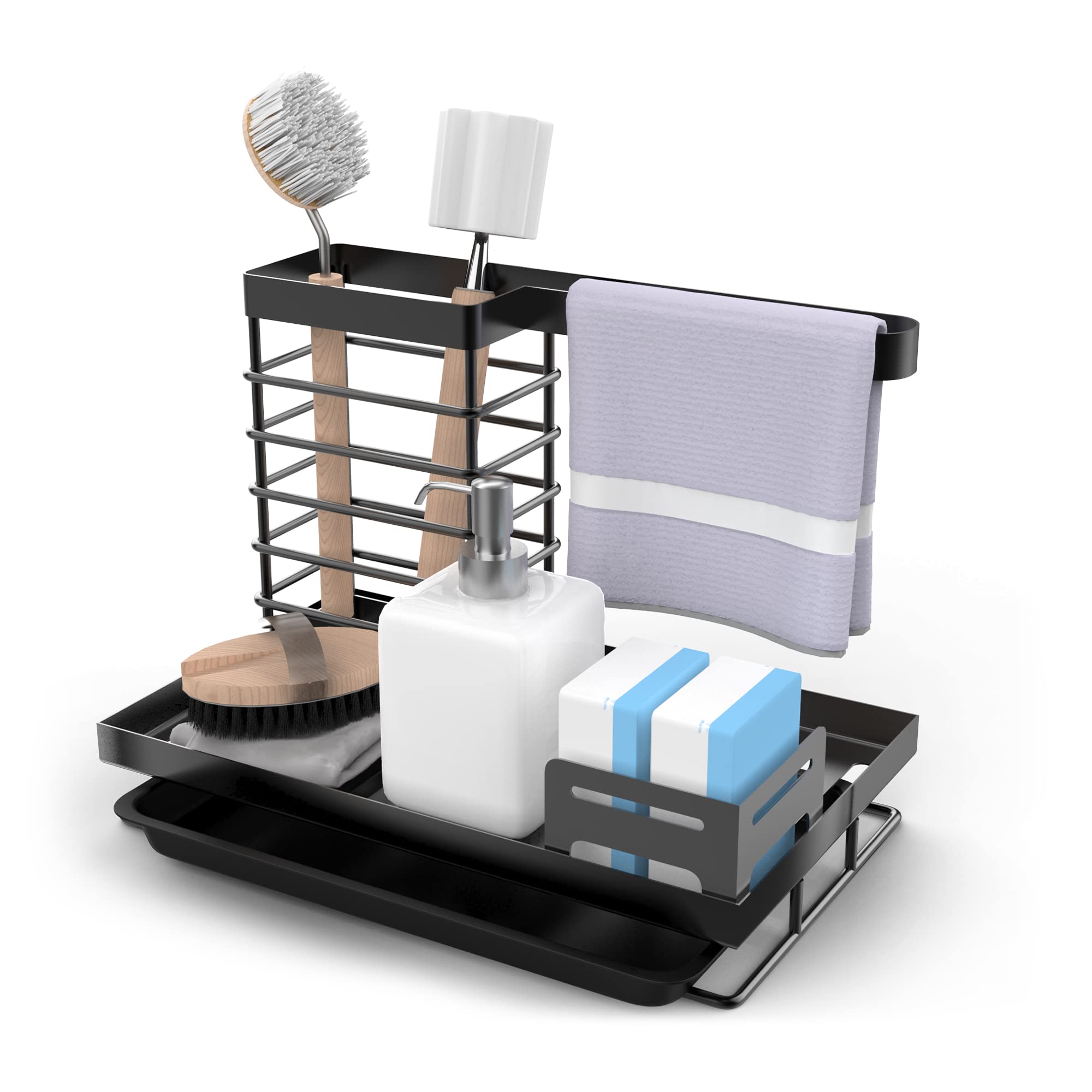 Yoassi Sink Caddy Tidy Sponge Holder Kitchen Organisers Dishrag Utensil Holders with Drain Pan Black