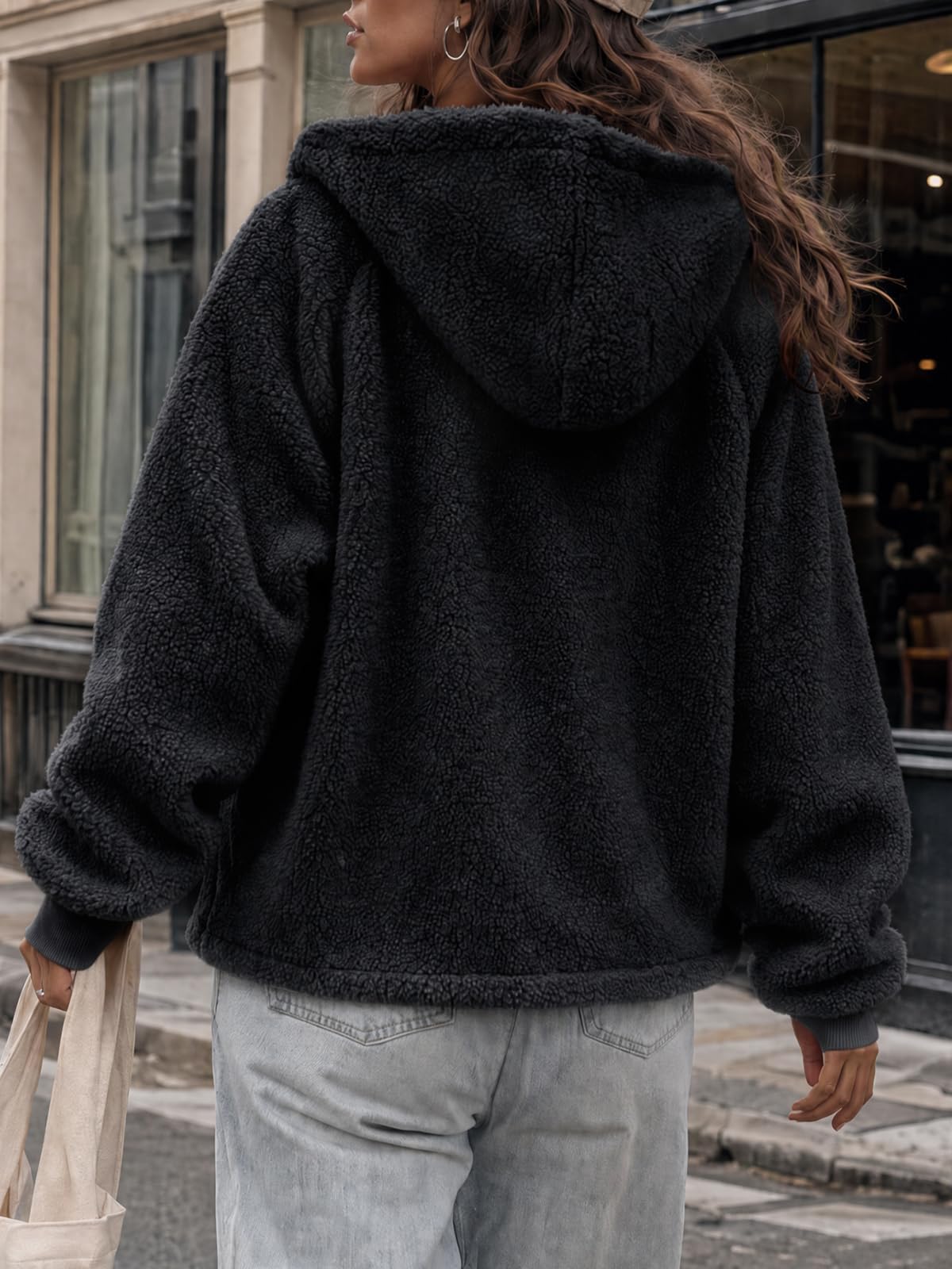 Cicy Bell Damen FleeceJacke Kurz Teddyfell Mantel mit Reißverschluss Hoodie