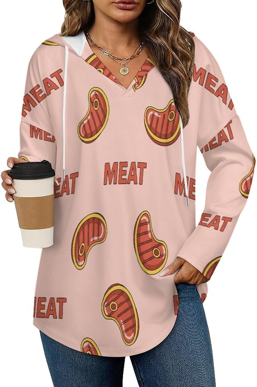 V Neck Hoodies for Women Long Sleeve Lightweight Sweatshirt, Loose Fit Drawstring Pullover Top for Casual Wear